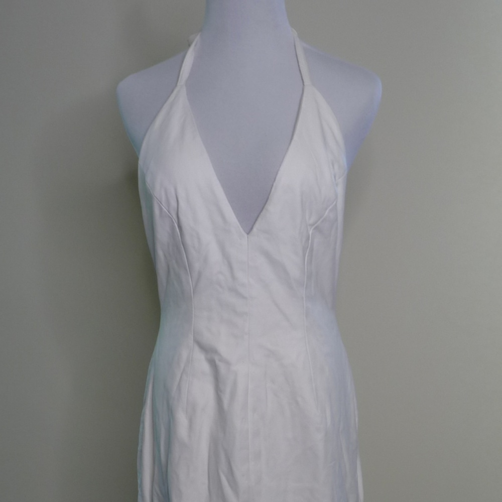 Dennis Basso white leather halter dress with slit